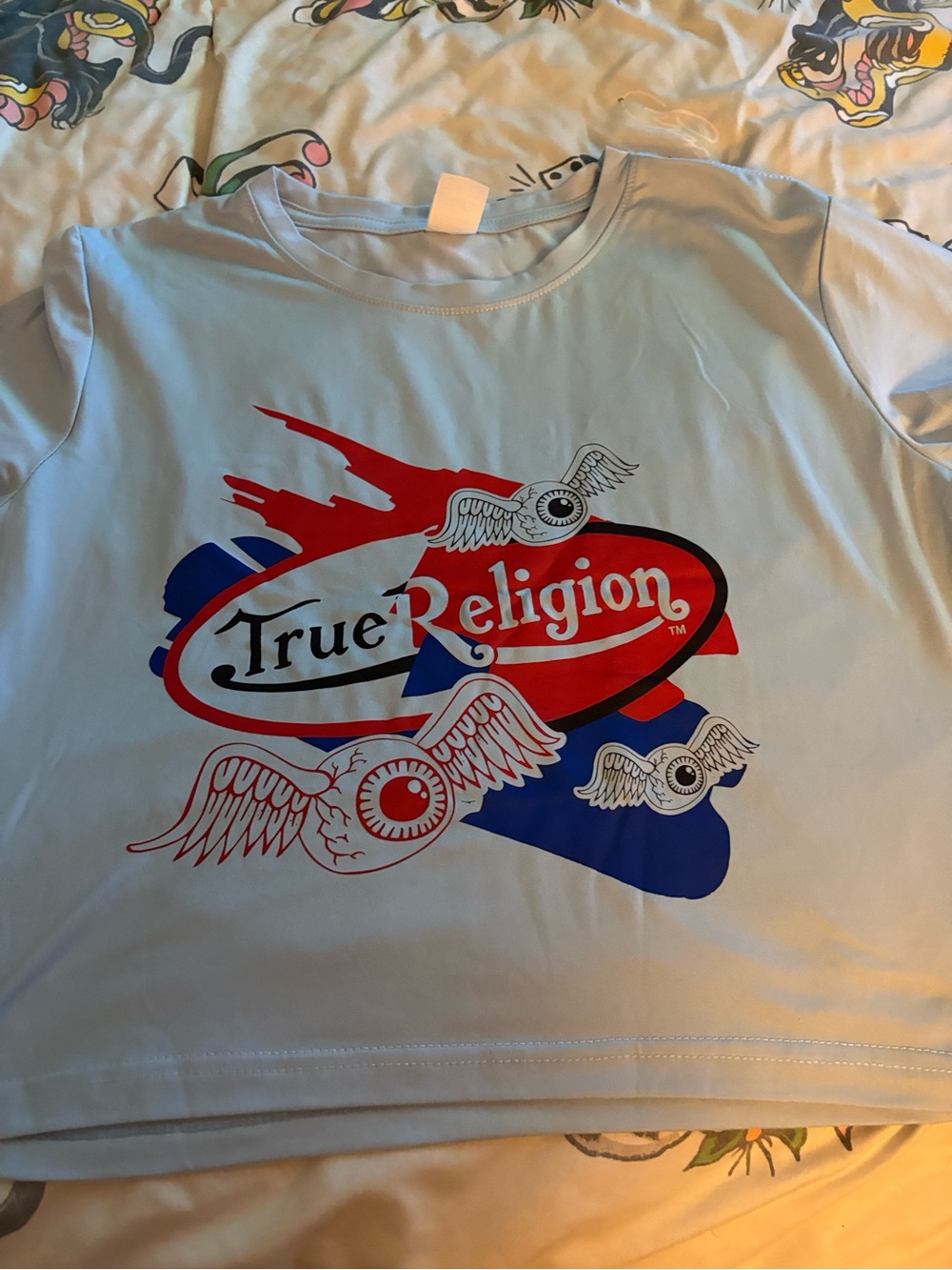 True Religion Von Dutch Crop top Light Blue Tee with Red & Blue Winged Logo